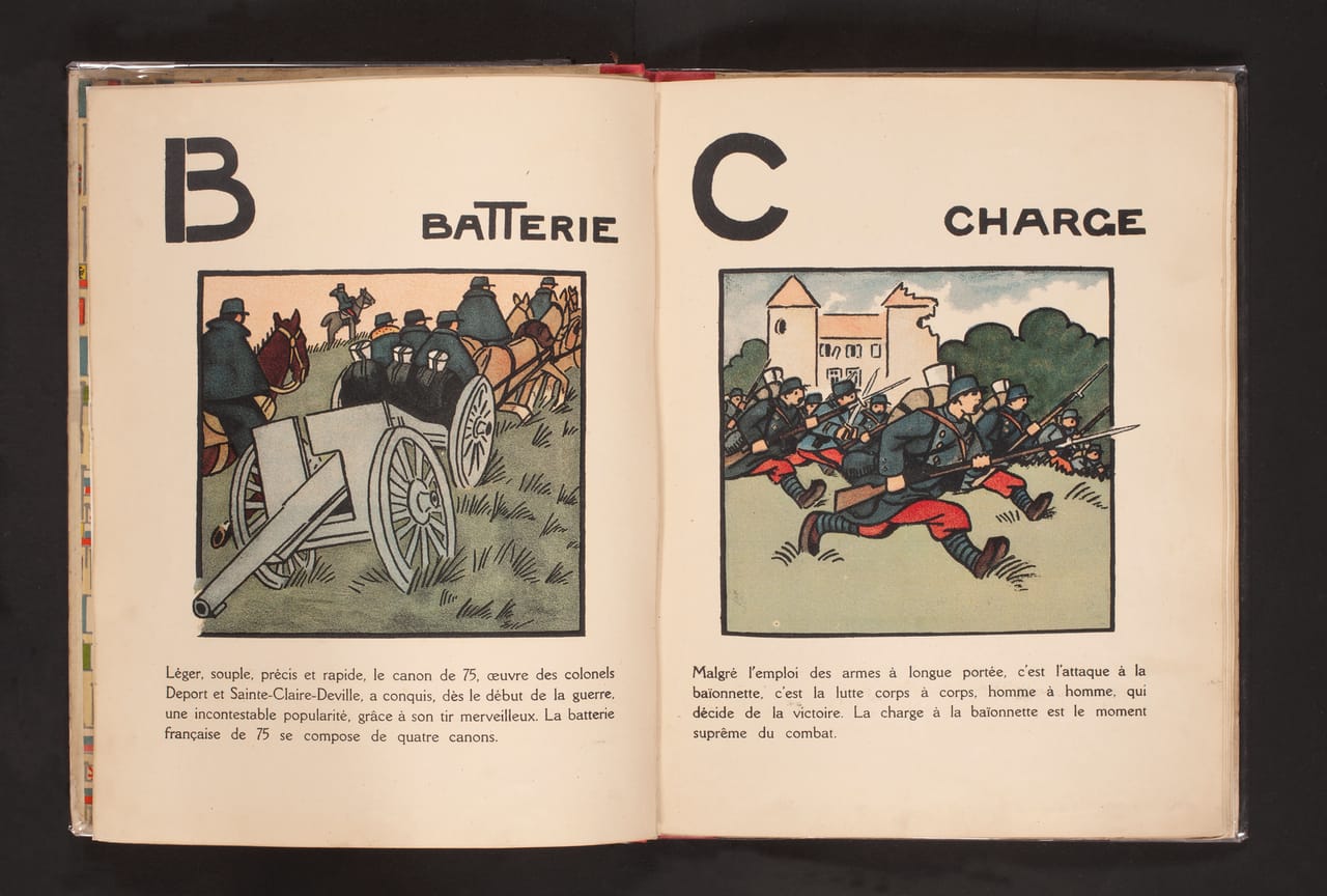 André Hellé.  "Batterie/Charge.” Alphabet de la Grande Guerre 1914–1916. Paris: Berger-Levrault, [1916]. On loan from a private collection. 