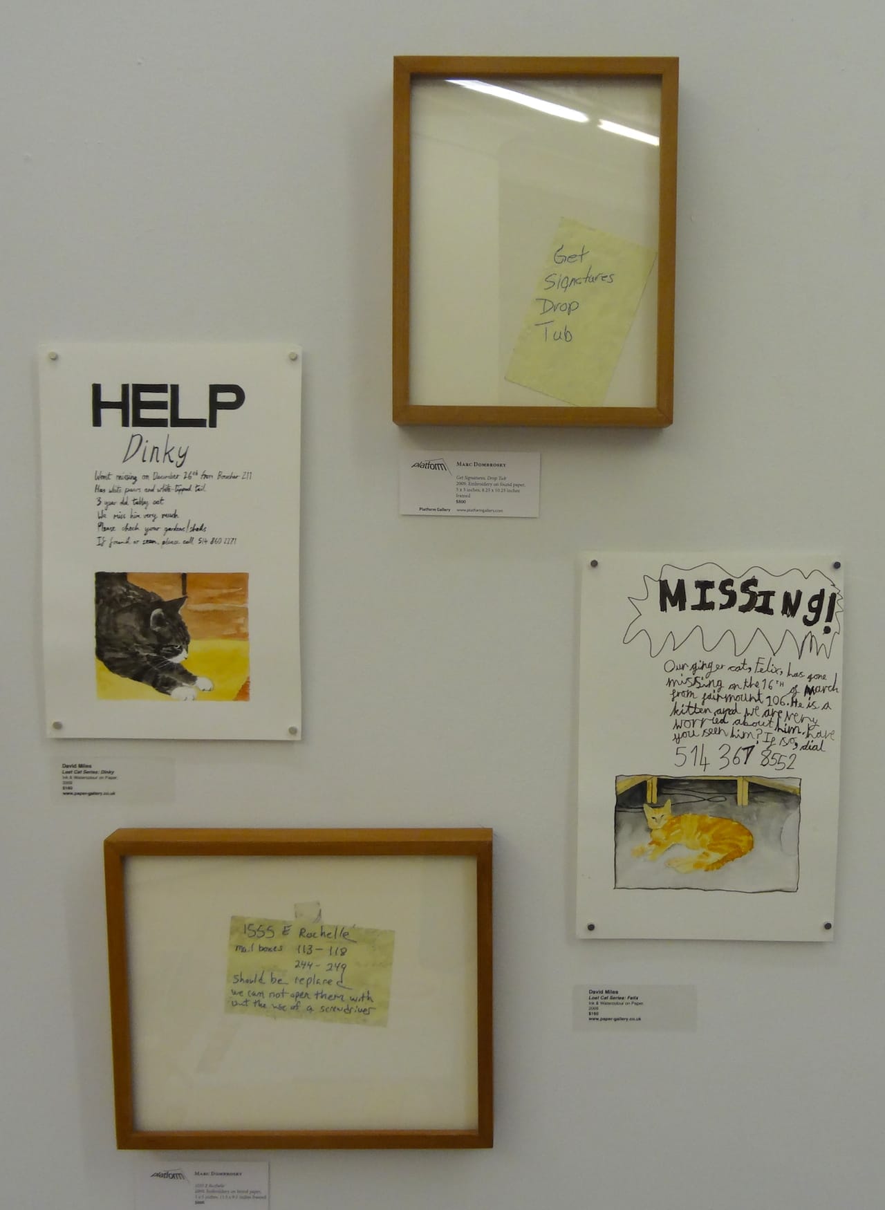 Embroidered notes by Marc Dombrosky, presented by Seattle's Platform Gallery, alongside paintings from David Milles's 'Lost Cat Series' presented by Manchester's Paper at Schema Projects