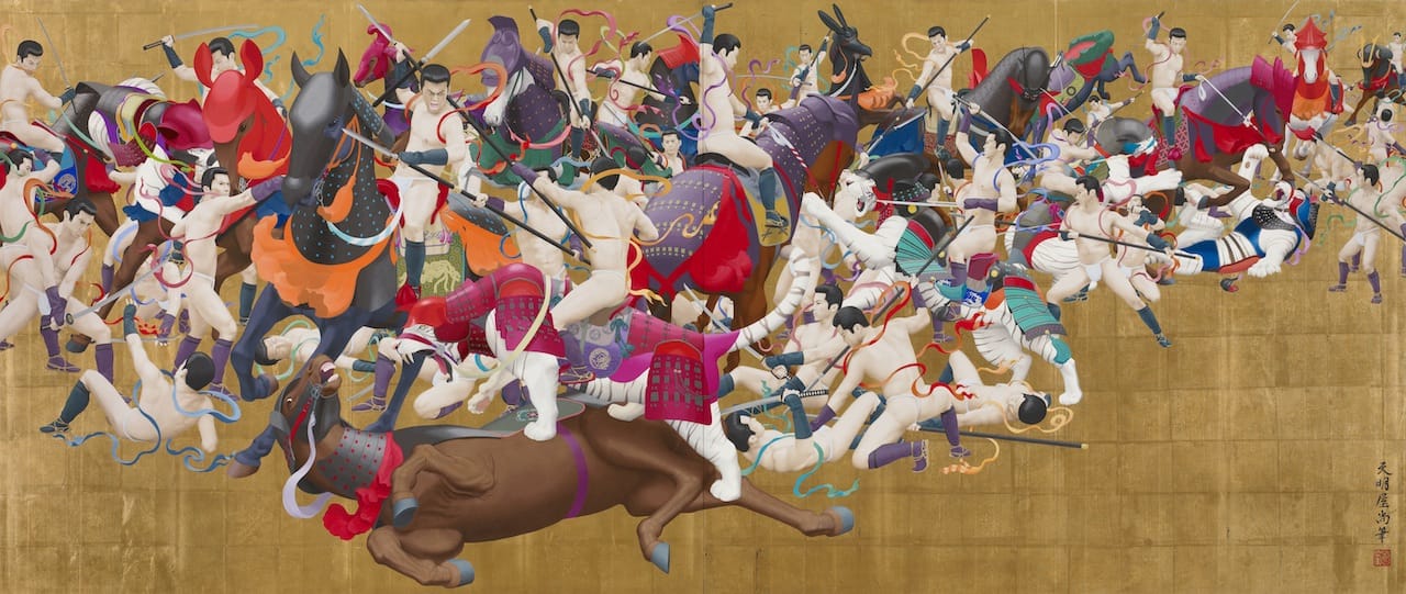 Hisashi Tenmyouya, (b. 1966), Rhyme, 2012. Acrylic paint, gold leaf on wood; inkjet print on paper, mounted on wood; each 49 7/8 x 118 1/8 in. Chazen Museum of Art, University of Wisconsin-Madison, Colonel Rex W. & Maxine Schuster Radsch Endowment Fund purchase, 2013.23.1-.2a-b. Fiberglass reinforced polyester, calcium carbonate; variable dimensions. Chazen Museum of Art, University of Wisconsin-Madison, John H. Van Vleck Endowment Fund purchase, 2013.23.3a-g.