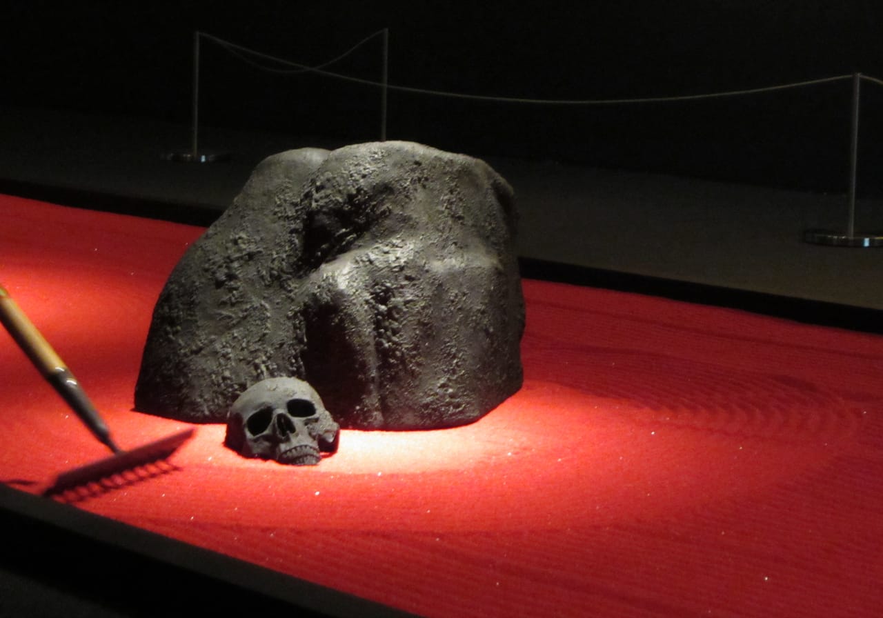 Hisashi Tenmyouya, (b. 1966), Rhyme, 2012. Acrylic paint, gold leaf on wood; inkjet print on paper, mounted on wood; each 49 7/8 x 118 1/8 in. Chazen Museum of Art, University of Wisconsin-Madison, Colonel Rex W. & Maxine Schuster Radsch Endowment Fund purchase, 2013.23.1-.2a-b. Fiberglass reinforced polyester, calcium carbonate; variable dimensions. Chazen Museum of Art, University of Wisconsin-Madison, John H. Van Vleck Endowment Fund purchase, 2013.23.3a-g.