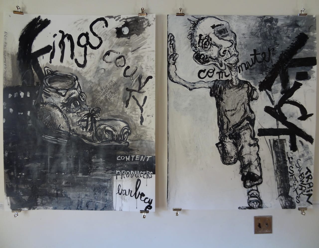 Works by Dale Williams, "Kings County Content Producers Barbecue" (2013, left) and "Commuter Kick Restarts Subway Train" (2013, right) at the Old Stone House.