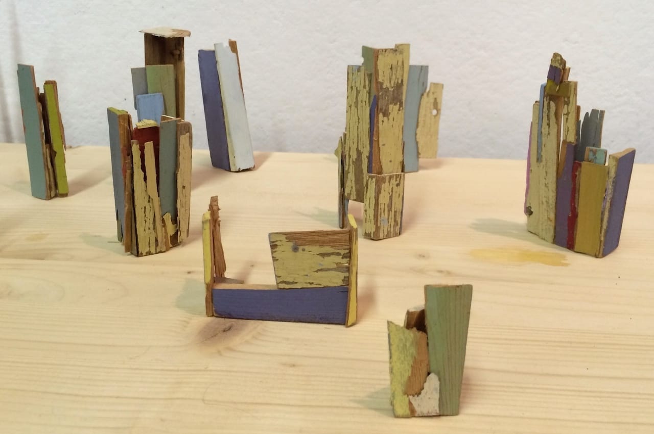 Sculptures made from wood shards from Liz Sweibel's pop-up studio at 295 Douglass Street