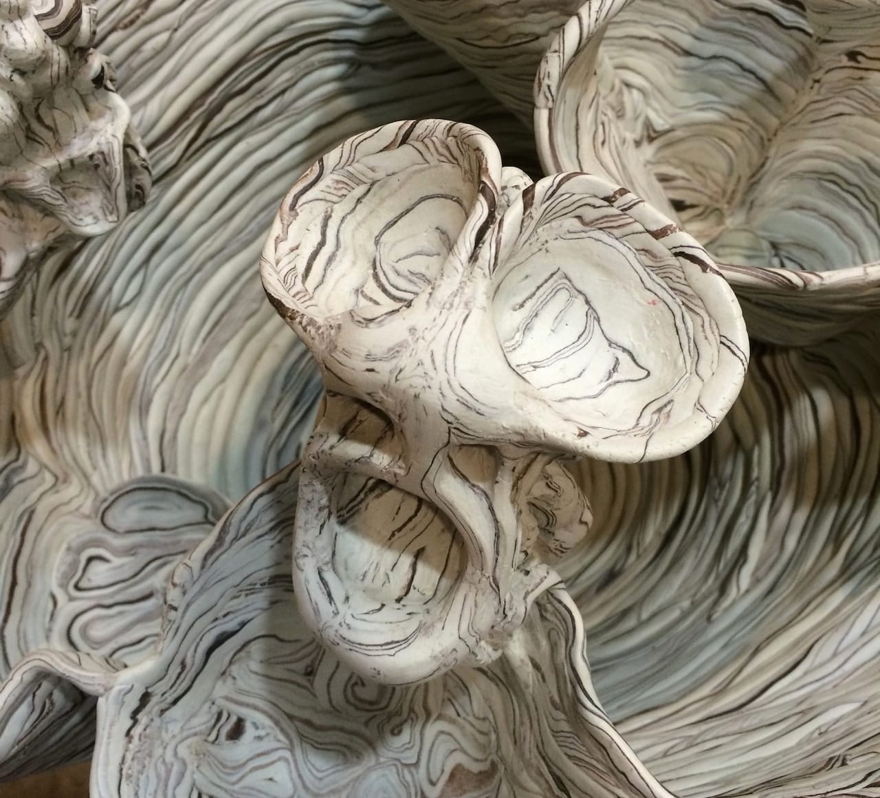 Detail of a sculpture by Daniel Wiener in a pop-up exhibition at Abby Goldstein's studio at 110 Nevins Street