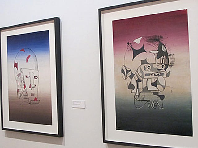 A view of two works, "The Home Guard (Faces of War)" (1942) and "The General (Faces of War)" (1942), in The Drawing Center exhibition.