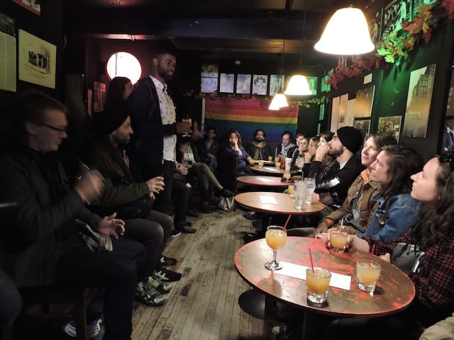 At various points, the leader would approach what appeared to be a random gay man on the street and start conversing with him. It would then become apparent he had been waiting for us and had a story to share about his favorite spot in the village. Josh McPhereson found acceptance as a gay black teenager on the piers in the 2000s. Jim Fouratt who was there the night of the famous 1969 stonewall riot vividly described that legendary night and bars long gone that once defined the village. Sur Rodney Sur concluded the tour with a story about the controversial reception of the white George Segul statues "Gay Liberation" (1992) in Sheridan square.&nbsp;