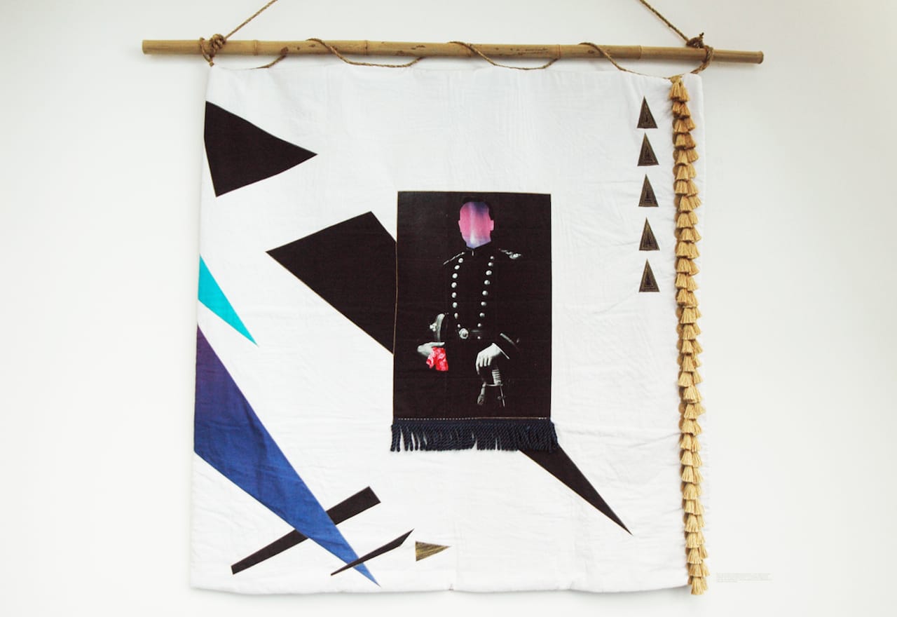 Chelsea Rae Klein, "Portrait of a Soldier (Hanky Code Quilt)" (2014), wholecloth quilt with digital print on fabric, cotton, linen, rayon, silk, metallic, polyester, cotton batting, wool backing