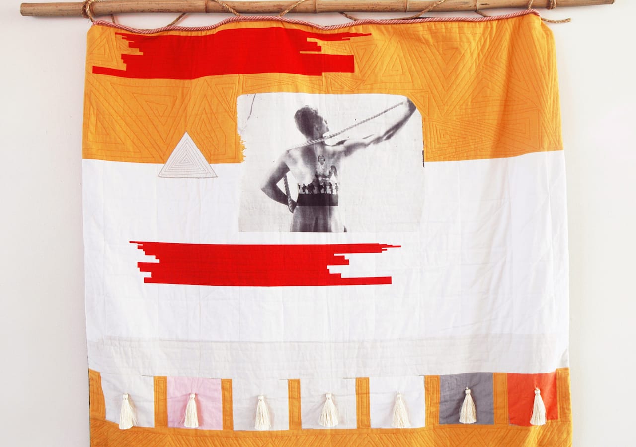 Chelsea Rae Klein, "Uncovering Covering, Wholecloth" (2014), quilt with digital print on fabric, cotton, linen, rayon, silk, metallic, polyester, cotton batting, wool backing