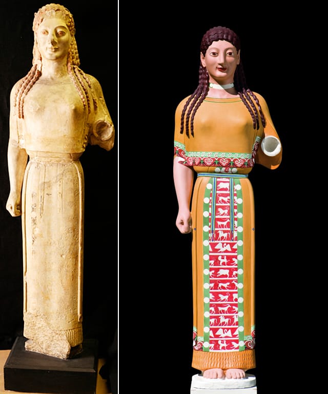 So-called ‘Peplos Kore,’ original alongside reconstruction, Athens (540 BCE/2011), artificial marble, h: 130 cm, Stiftung Archäologie, Munich