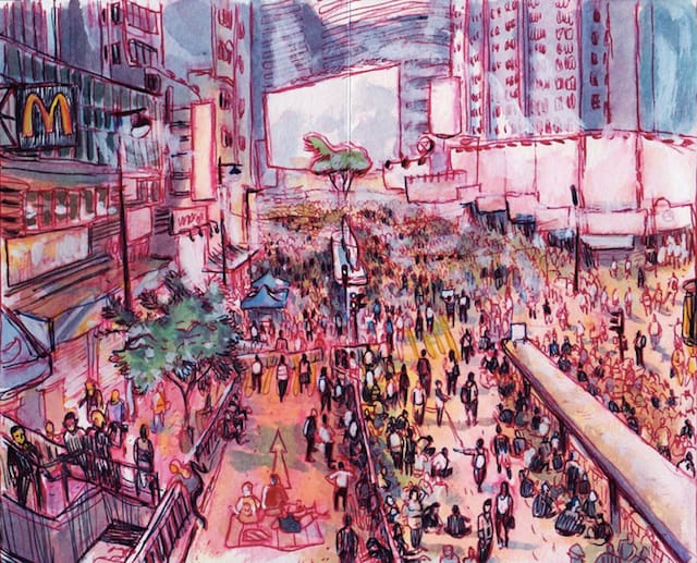A drawing of the Hong Kong protests by Luis Simoes (image via Facebook)