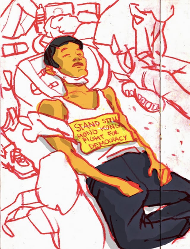 A drawing of the Hong Kong protests by Luis Simoes (image via Facebook)
