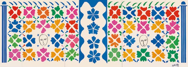 Henri Matisse, "Large Decoration with Masks (Grande Décoration aux Masques)" (1953), preliminary maquette for ceramic. Gouache on paper, cut and pasted, and ink on white paper, mounted on canvas. 139 ¼ x 392 ¼ inches. National Gallery of Art, Washington. Ailsa Mellon Bruce Fund, 1973.17.1. © 2014 Succession H. Matisse / Artists Rights Society (ARS), New York.