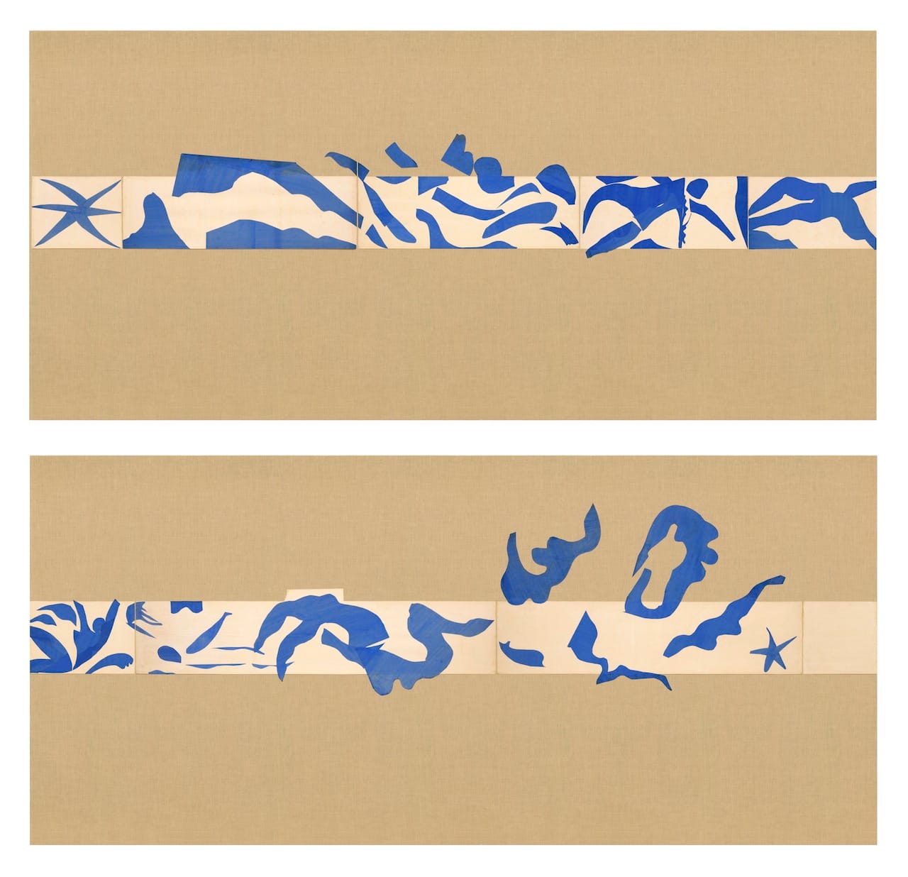 Henri Matisse (French, 1869-1954). The Swimming Pool (La Piscine), late summer 1952. Maquette for ceramic (realized 1999 and 2005). Gouache on paper, cut and pasted, on painted paper. Overall 73 x 647” (185.4 x 1653.3 cm). Installed as nine panels in two parts on burlap-covered walls 136” (345.4 cm) high. Frieze installed at a height of 65” (165 cm). The Museum of Modern Art, New York. Mrs Bernard F. Gimbel Fund, 1975 © 2014 Succession H. Matisse / Artists Rights Society (ARS), New York