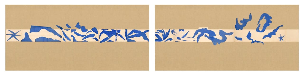 Henri Matisse (French, 1869-1954). The Swimming Pool (La Piscine), late summer 1952. Maquette for ceramic (realized 1999 and 2005). Gouache on paper, cut and pasted, on painted paper. Overall 73 x 647” (185.4 x 1653.3 cm). Installed as nine panels in two parts on burlap-covered walls 136” (345.4 cm) high. Frieze installed at a height of 65” (165 cm). The Museum of Modern Art, New York. Mrs Bernard F. Gimbel Fund, 1975 © 2014 Succession H. Matisse / Artists Rights Society (ARS), New York