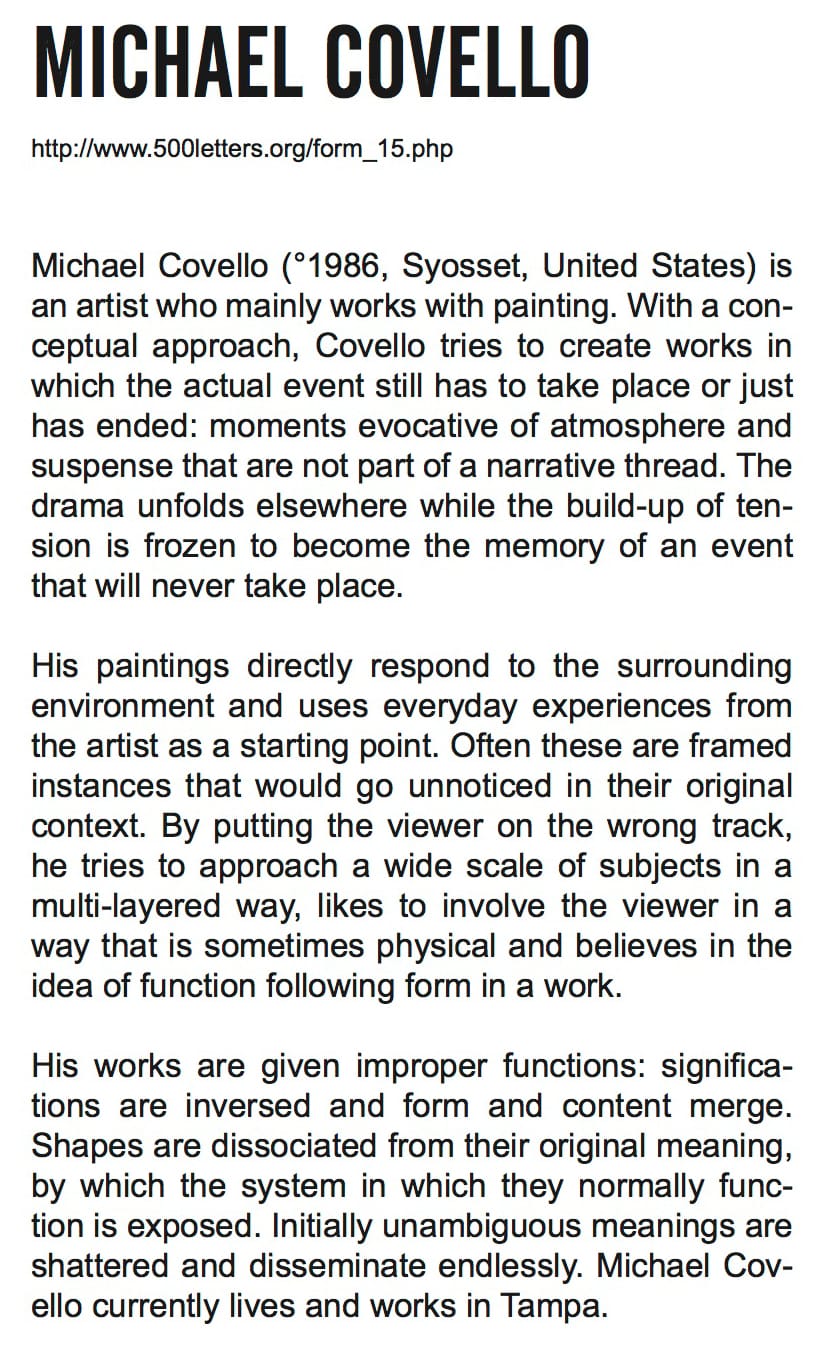 Michael Covello's statement, to go with  his painting shown at the top of this post