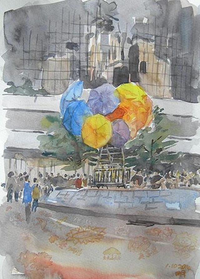 A drawing by Ming Lee of an umbrella art installation (Image via Facebook)
