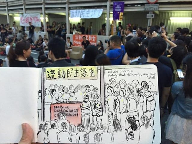 A drawing by Helen Chan of a "mobile democracy classroom" (Image via Facebook)