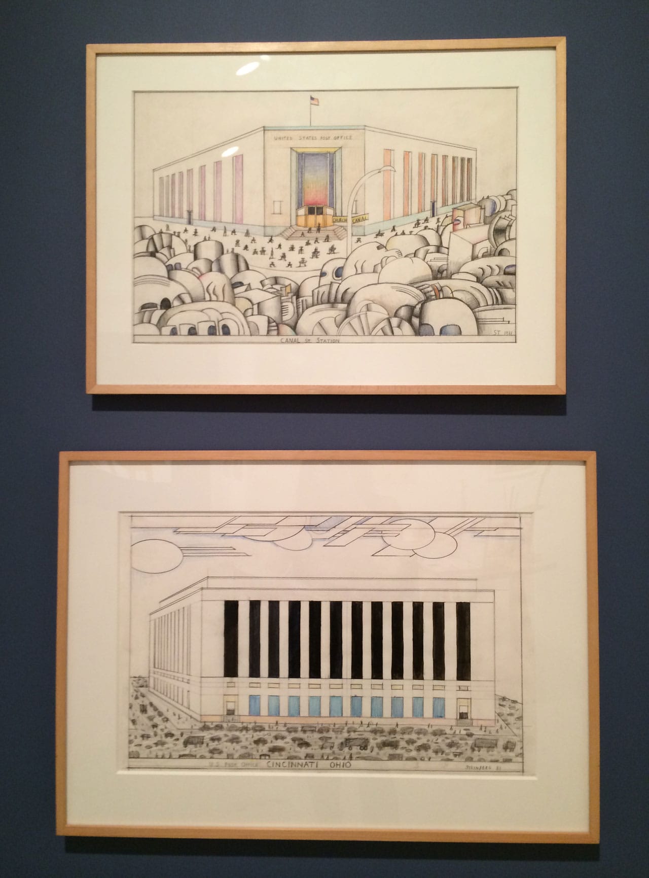 Saul Steinberg, from top to bottom: "Canal Street Post Office" (1981), crayon, colored pencil, and graphite on paper, 14" x 21-1/4"; "U.S. Post Office, Cincinnati, Ohio" (1981), crayon, graphite, brush and ink, gouache, and colored pencil on paper, 14-1/2" x 23" (click to enlarge)