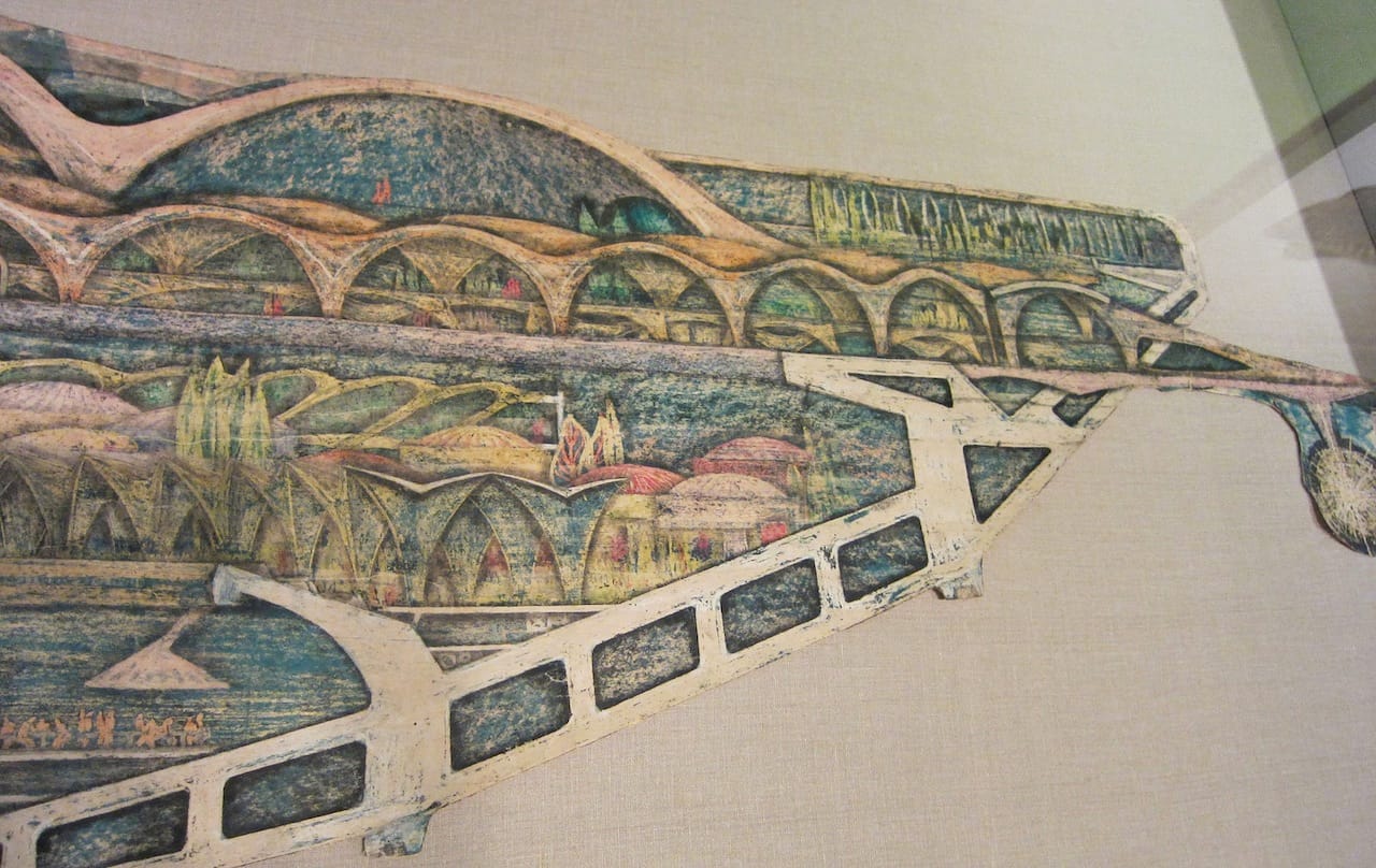 Paolo Soleri, "Macro Cosanti Bowl" (1964), colored crayon, pencil, china ink on gauze, backed paper (photograph by the author for Hyperallergic)