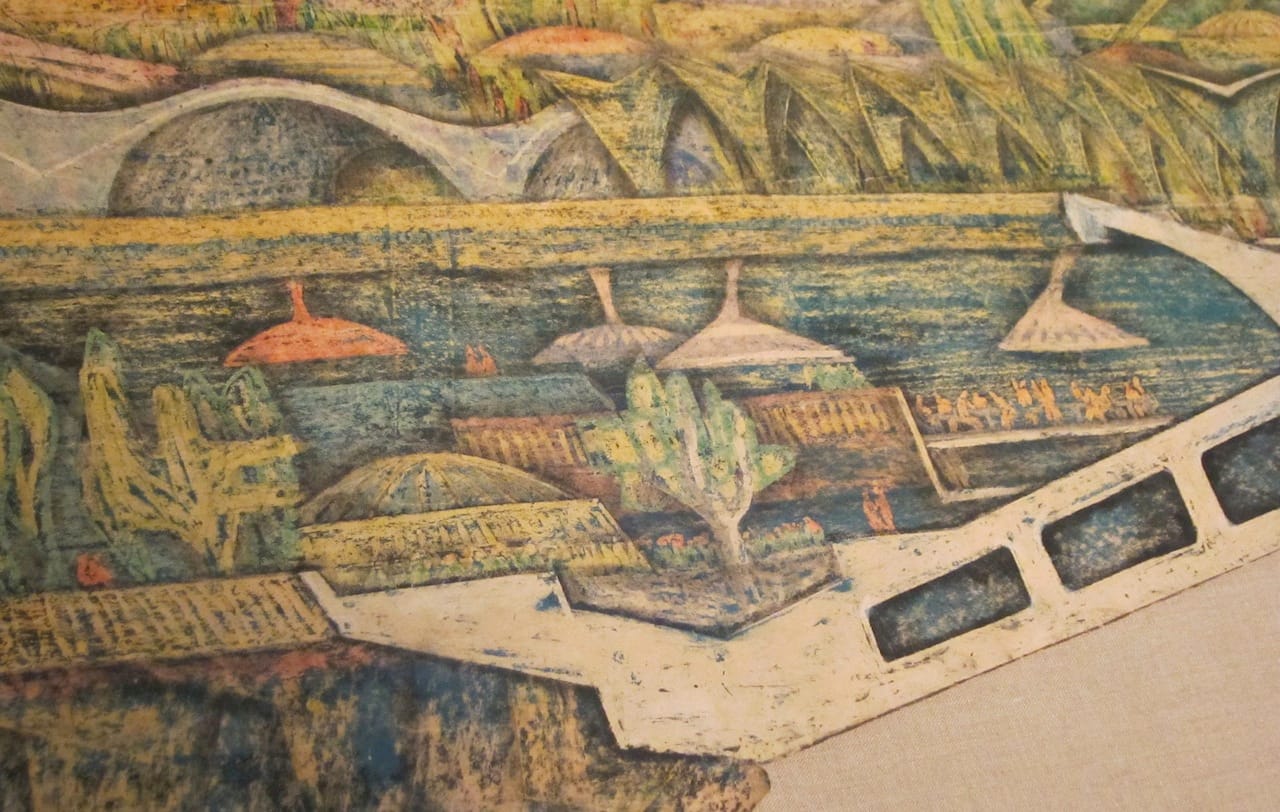 Paolo Soleri, "Macro Cosanti Bowl" (1964), colored crayon, pencil, china ink on gauze, backed paper (photograph by the author for Hyperallergic)