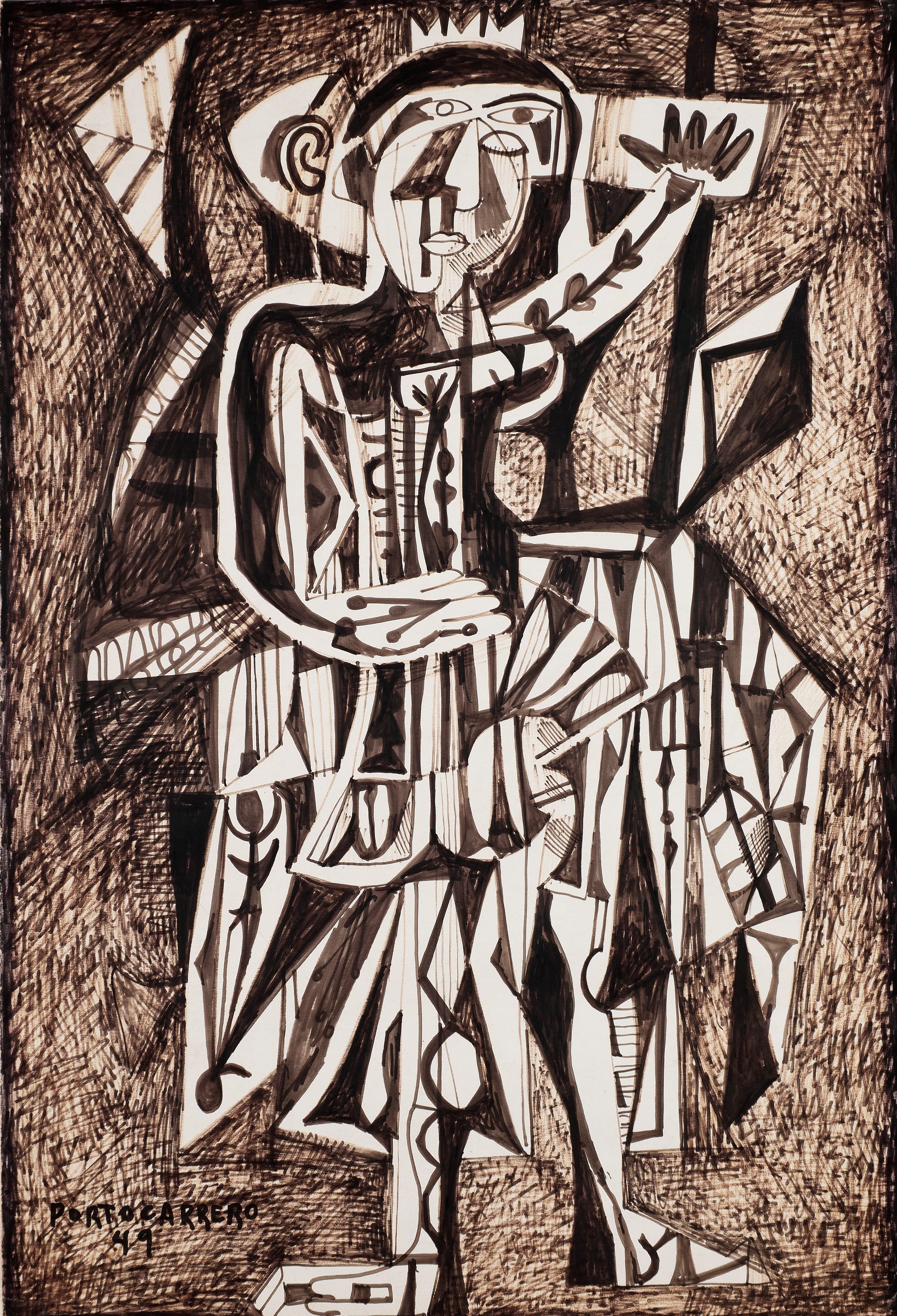 Rene Portocarrero drew “Queen #2 “ in crayon and ink on paper in 1949. Who is this queen? The museum explains,”The woman in Queen #2 does not depict any specific person, but likely emerges from Portocarrero’s rich imagination. While she has full breasts and a tiered skirt, her femininity is not the focus here: instead, Portocarrero draws attention to her direct gaze and raised arm."