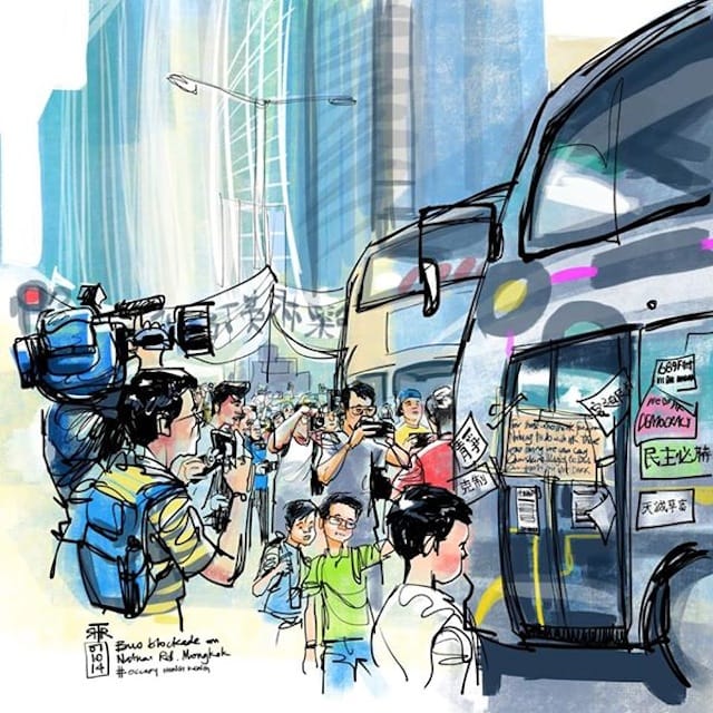 A drawing of the Hong Kong protests by Rob Sketcherman (image via Facebook)