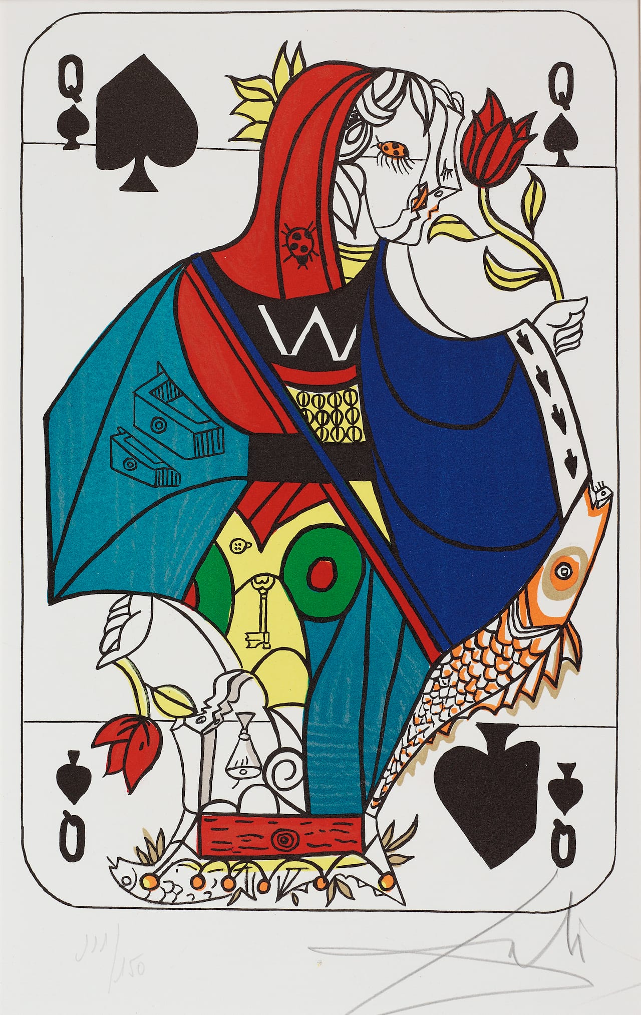 "Queen of Spades, Part of Playing Card Suite" (1970) by Salvador Dali (All images courtesy of Smith College Museum of Art)  Lithograph printed in color on paper. Gift of Reese Palley and Marilyn Arnold Palley.