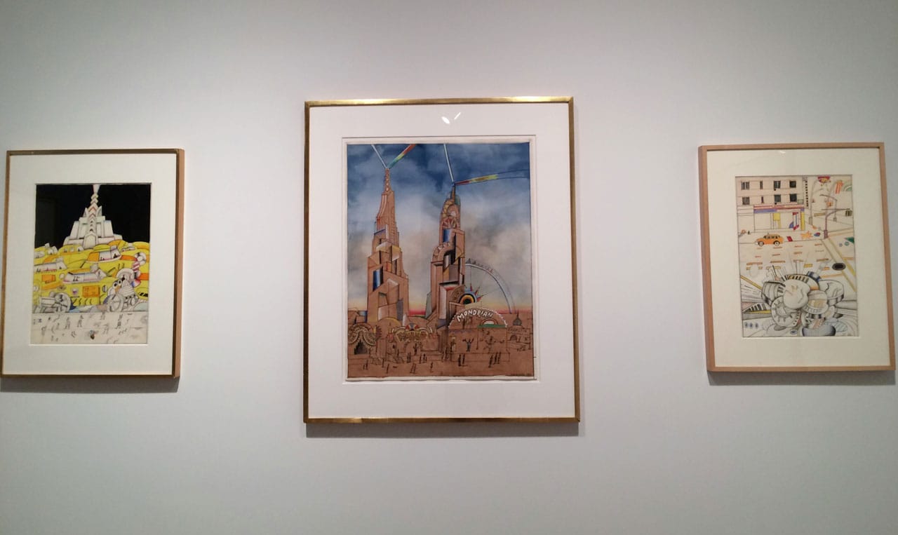 Saul Steinberg, from left to right: "Taxi" (1977), acrylic, crayon, graphite and watercolor on paper, 20" x 15"; "Luna Park" (1968), collage, crayon and watercolor on paper, 29" x 23"; "Union Square" (1982), colored paper, crayon ,and graphite on paper, 19" x 13-3/4"