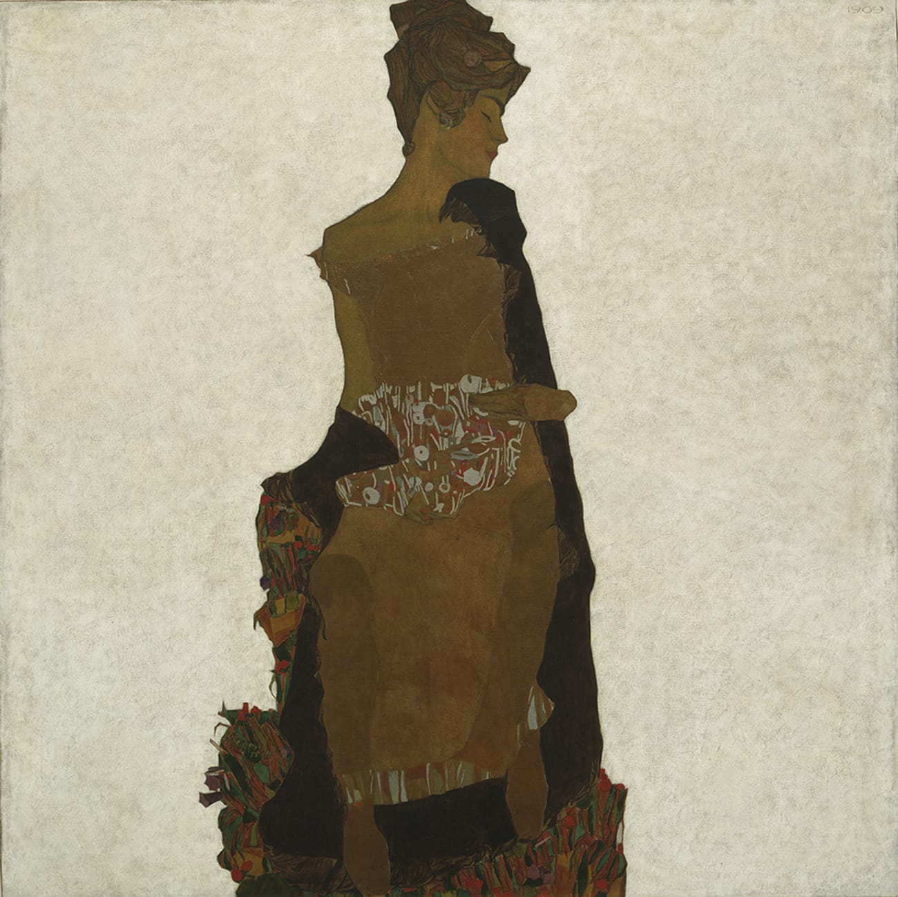 Egon Schiele, "Portrait of Gerti Schiele" (1909), oil, silver, gold-bronze paint, and pencil on canvas (collection of The Museum of Modern Art, New York. Purchase and partial gift of the Lauder family, 1982, and Private Collection Digital Image © The Museum of Modern Art/Licensed by SCALA / Art Resource, NY) (click to enlarge)