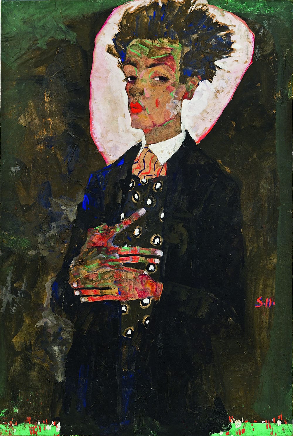 Egon Schiele, "Self-Portrait with Peacock Waistcoat, Standing" (1911), gouache, watercolor, and black crayon on paper, mounted on board (collection of Ernst Ploil, Vienna, all images courtesy the Neue Galerie, New York)