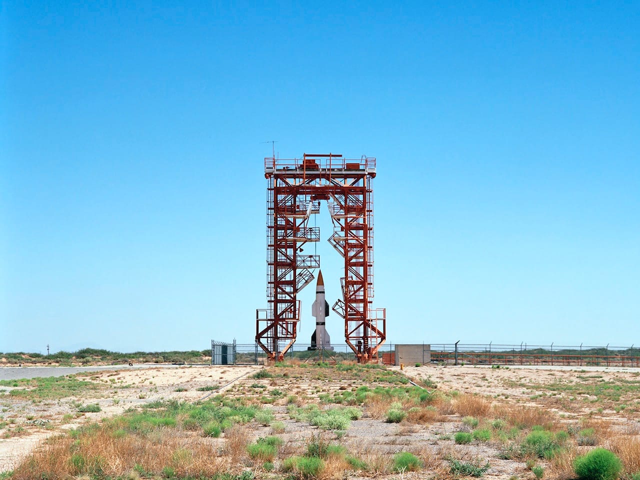 V2 Launch Site with Hermes A-1 Rocket, Launch Complex 33 Gantry, White Sands Missile Range, New Mexico 2006 Launch Complex 33 on White Sands Missile Range was one of the earliest launch complexes built. It was originally used to test launch captured German V2 rockets. I was ble to photograph both the launch pad and the blockhouse. I noticed many of the features in LC 33's blockhouse made there way into other blockhouses at Cape Canaveral--like multiple panes of glass laminated together to allow for protected viewing of the launch from the blockhouse.