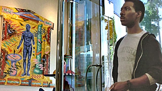Axel Foley (Eddie Murphy) visits an art gallery in 'Beverly Hills Cop' (all images via ArtInFilm.org)