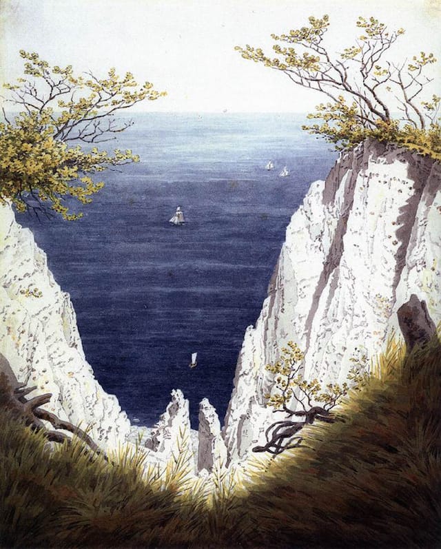 Caspar David Friedrich, "Chalk Cliffs at Rügen" (1825-26), watercolor over pencil, 317 x 252 mm. Museum der bildenden Künste, Leipzig. (Image via Web Gallery of Art)
