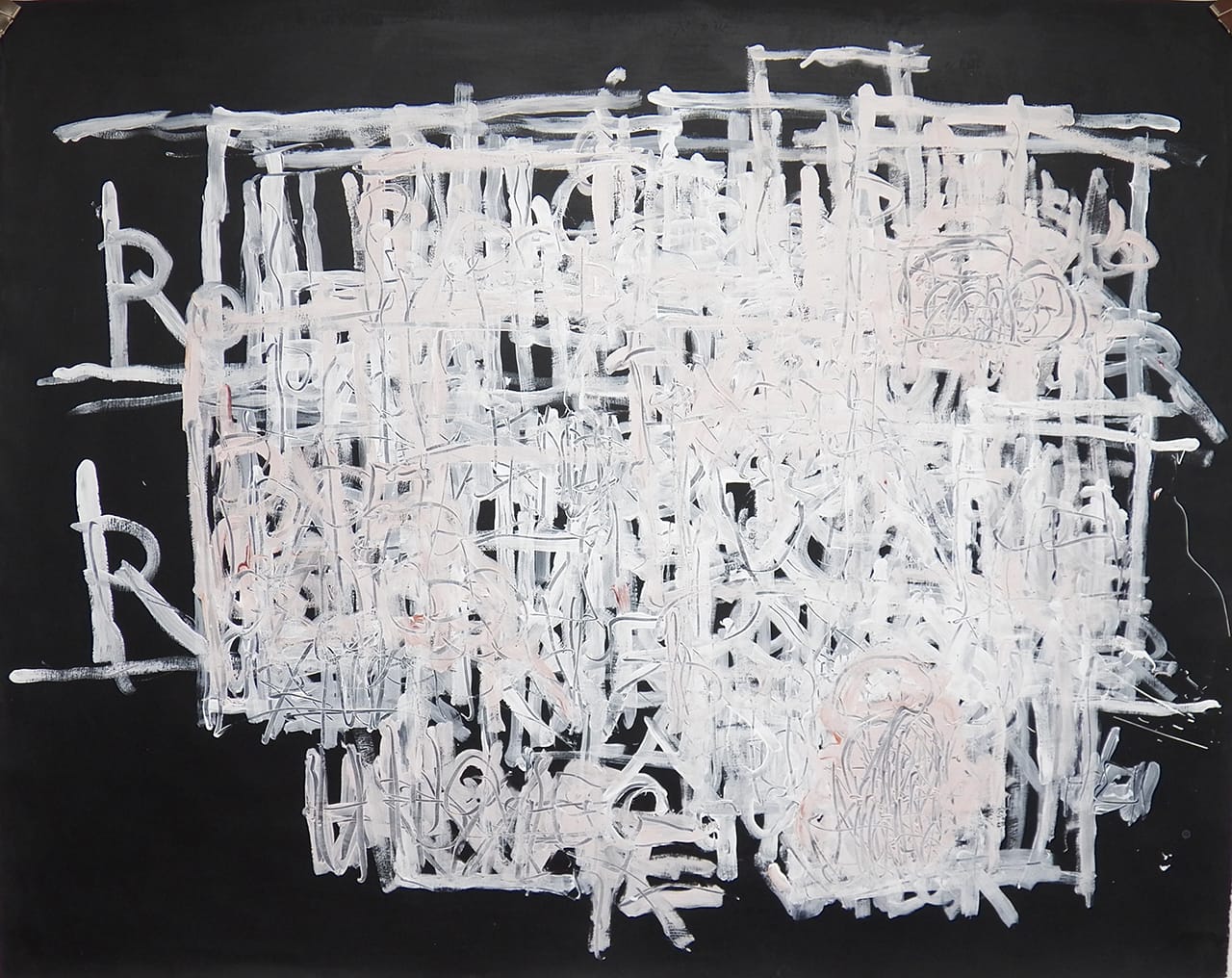 Dan Miller, "Untitled (light pink 'R' and white on black)" (2011), acrylic on paper, 40"x50.5"