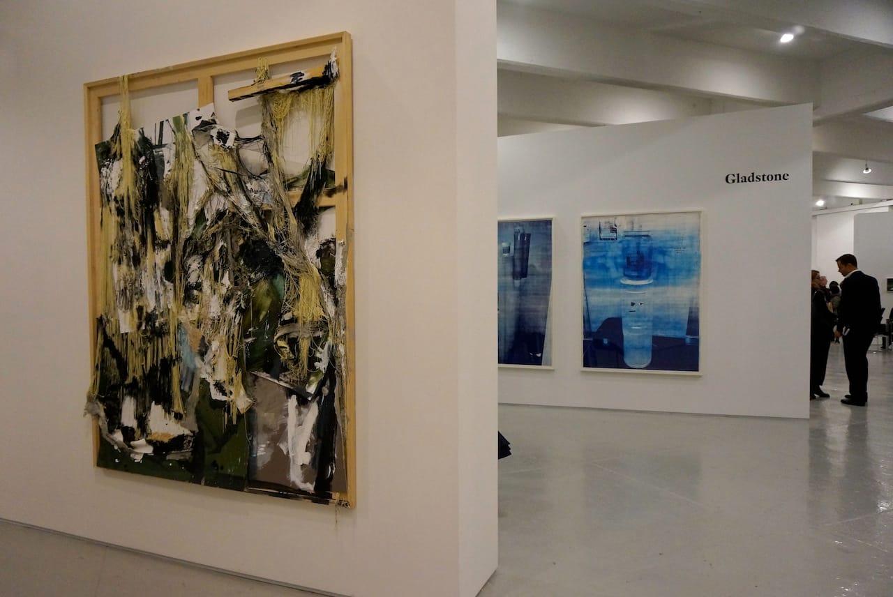 Work by Rosy Keyser, at Maccarone, on left in foreground, and by Allora and Calzadilla, at Gladstone Gallery, in back right