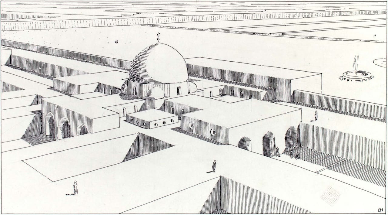 Excavation of Samarra: Palace of the Caliph, Square Reception-Hall Block: Isometric Reconstruction 1911-1913  Ernst Herzfeld (1879–1948)  Ink on paper  H x W: 31.9 x 47.3 cm  Ernst Herzfeld Papers, Freer Gallery of Art and the Arthur M. Sackler  Gallery Archives, FSA A.6 05.1037