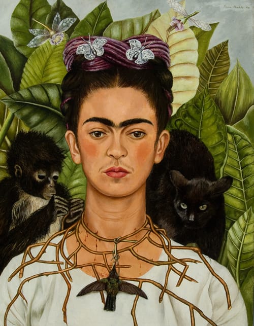Frida Kahlo, "Self-Portrait with Thorn Necklace and Hummingbird" (1940), Harry Ransom Center, The University of Texas at Austin (© 2014 Banco de México Diego Rivera Frida Kahlo Museums Trust, Mexico, D.F. / Artists Rights Society [ARS], New York) (image via nybg.org)
