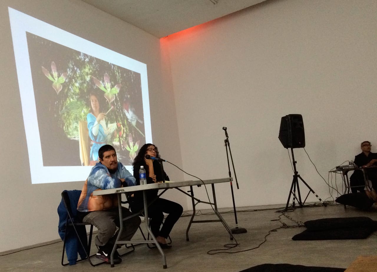 Playwright Ricardo Abreu Bracho and artist Carolyn Castaño at Human Resources Los Angeles (photo by author for Hyperallergic)