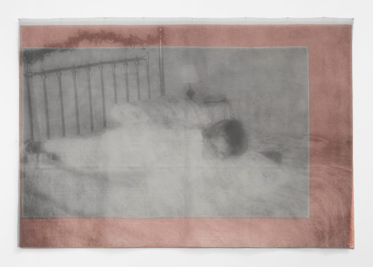 David Mramor, "Venus in Bed (Carpet)" (2014), ink jet print on chiffon, spray paint on carpet remnants, 48 x 69” (all images courtesy Louis B. James)