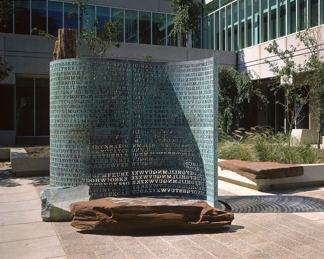 James Sanborn, "Kryptos" (1991), installed in the CIA courtyard (photograph courtesy Jim Sanborn, via Wikimedia)