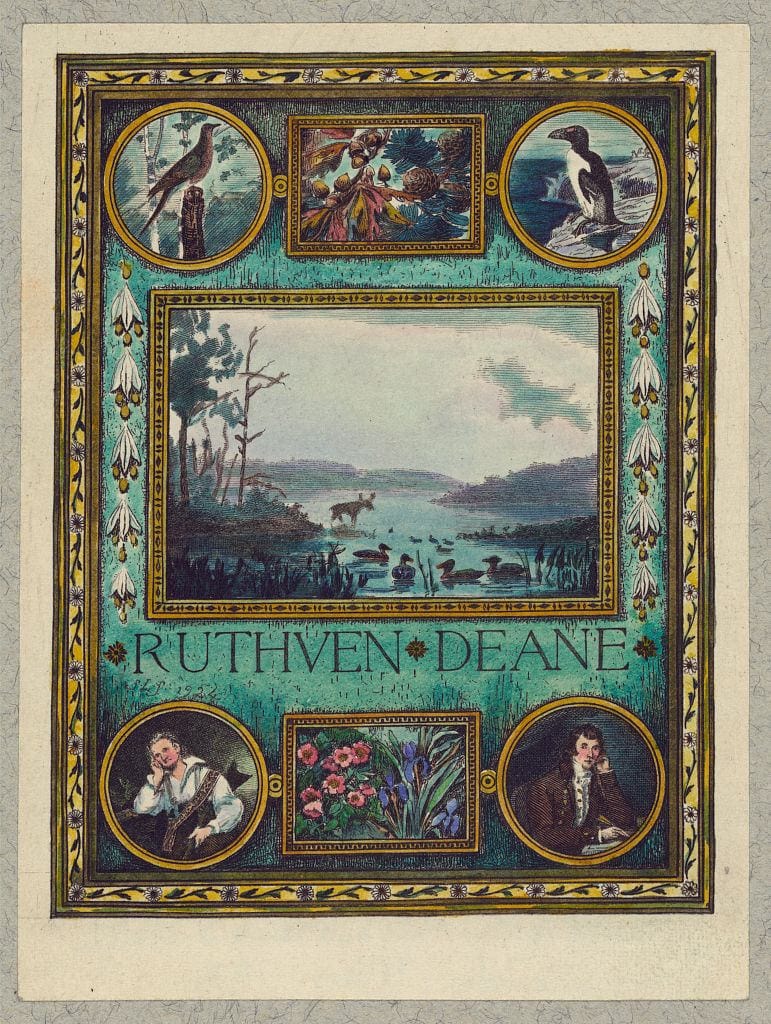 Bookplate of Ornithologist Ruthven Deane, hand-colored by Mrs. Frank S. Hatch, engraved by Sidney Lawton Smith (1924) (via Library of Congress, Prints and Photographs Division)