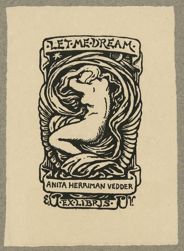 Bookplate of Anita Herriman Vedder, Rome, Italy, designed by Elihu Vedder, woodcut (via Library of Congress, Prints and Photographs Division)