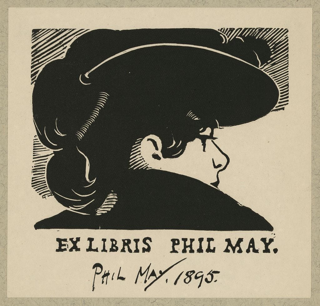 Bookplate of English caricaturist Phil May, designed by the artist (1895), woodcut (via Library of Congress, Prints and Photographs Division)