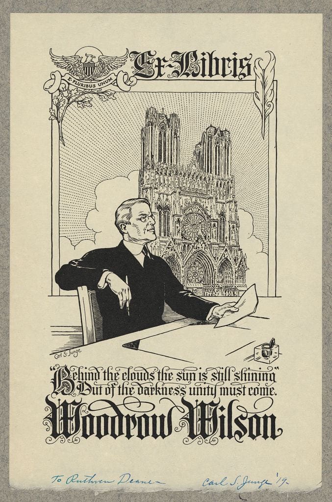 Bookplate of Woodrow Wilson, designed by Carl S. Junge (1910), woodcut (via Library of Congress, Prints and Photographs Division)