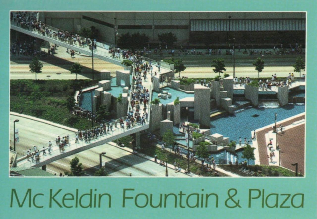 A postcard from the 1980s showing the McKeldin Fountain and Plaza (photo by Bob Willis, via Facebook)