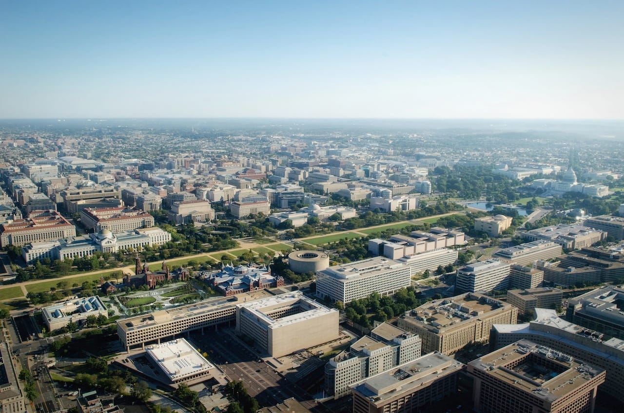 Aerial view of the South Mall Zone that includes the Castle, the Freer and Sackler Galleries, the National Museum of African Art, the Arts and industries Building and the Hirshhorn Museum and Sculpture Garden (Image courtesy of the Smithsonian)