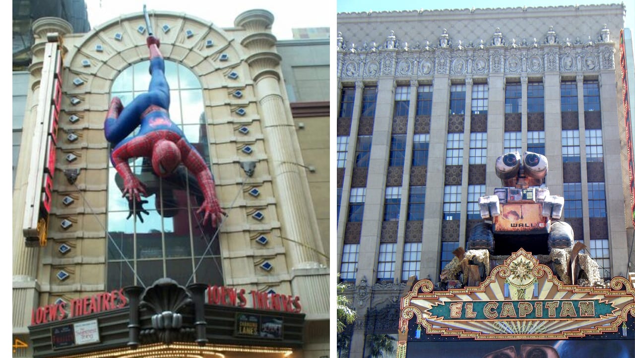 Spiderman crept down the Loew’s Theatre, NYC  for the movie's release, spanning 60 feet of facade. A 25 foot Wall-E also attended a move release at El Capitan Theatre, Hollywood.