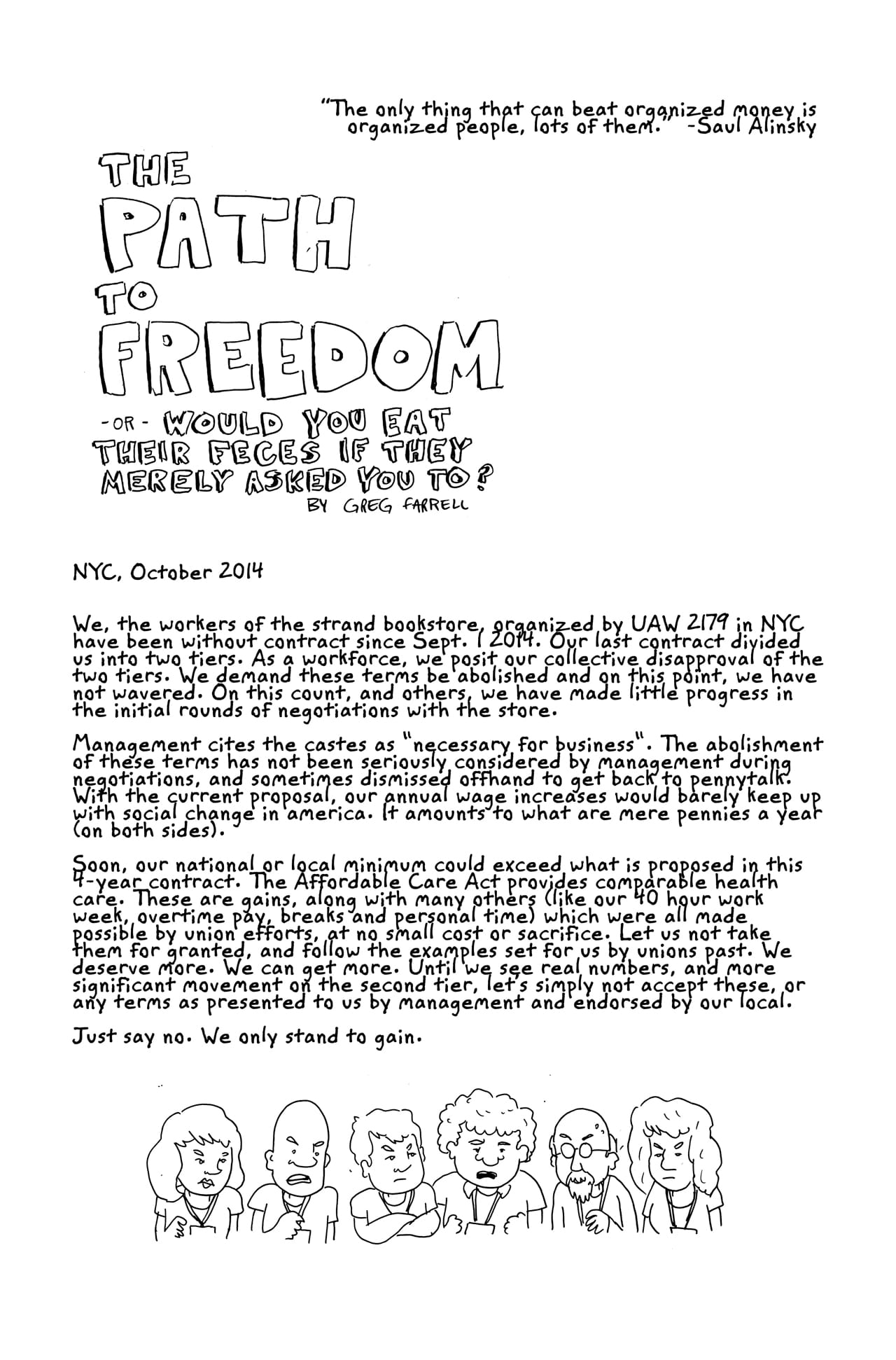 The first page of a zine Farrell has produced, with other Strand workers, regarding the current contract negotiations. (image courtesy Greg Farrell) (click to enlarge)