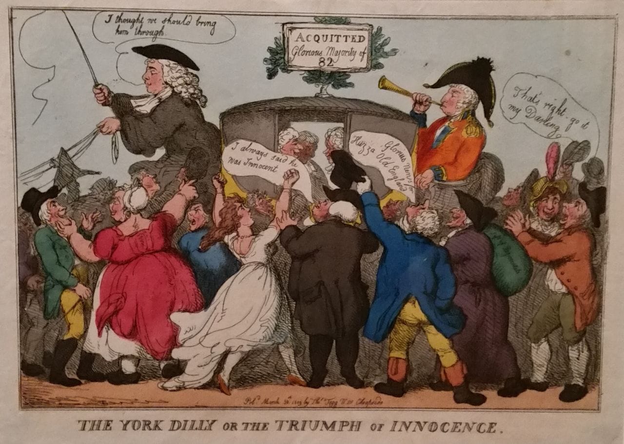 Thomas Rowlandson, "The York Dilly or the Triumph of Innocence" (1809), hand colored etching
