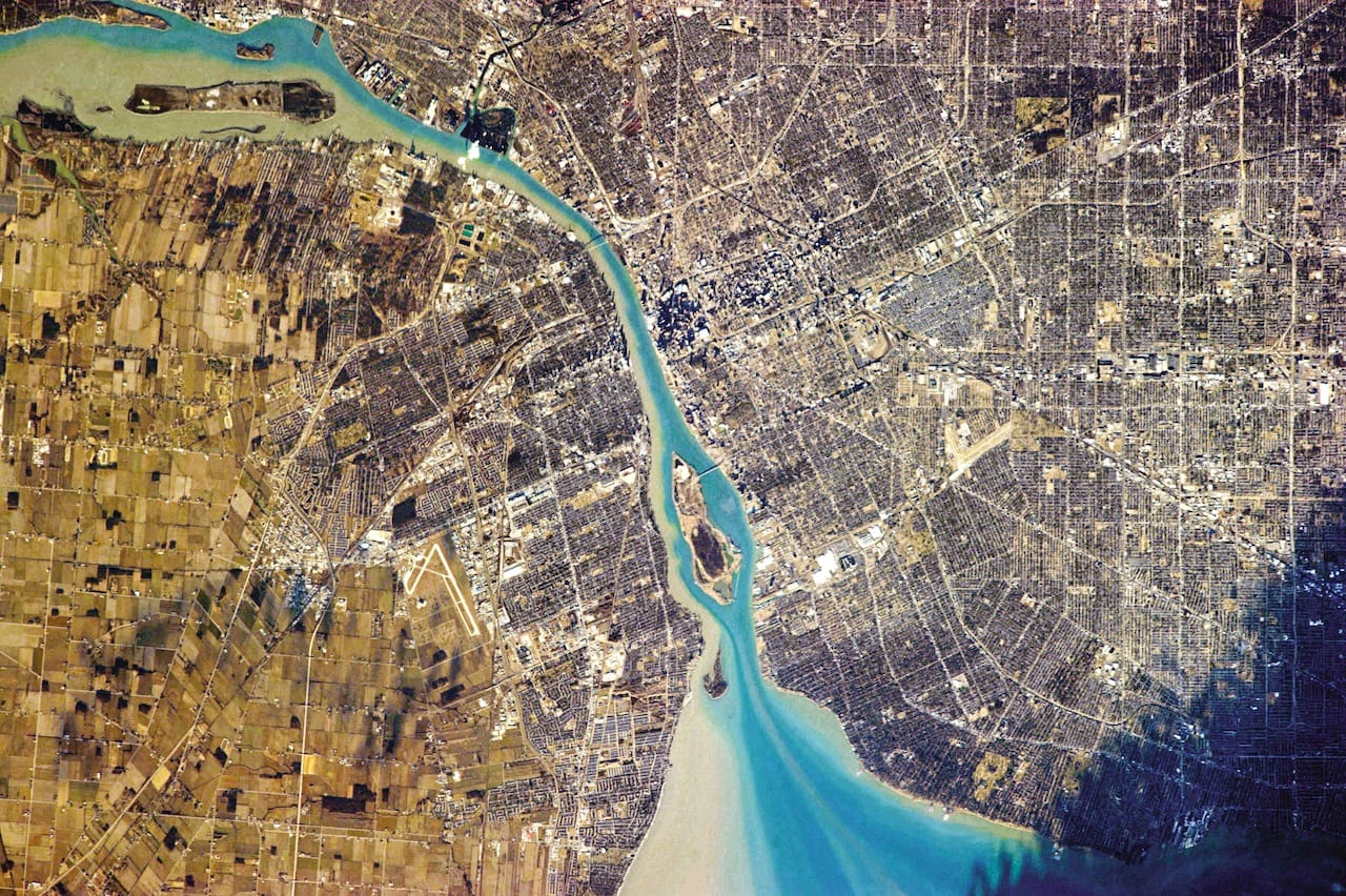 Detroit, Michigan, on the right, and Windsor, Ontario, on the left (photograph by Chris Hadfield/NASA)