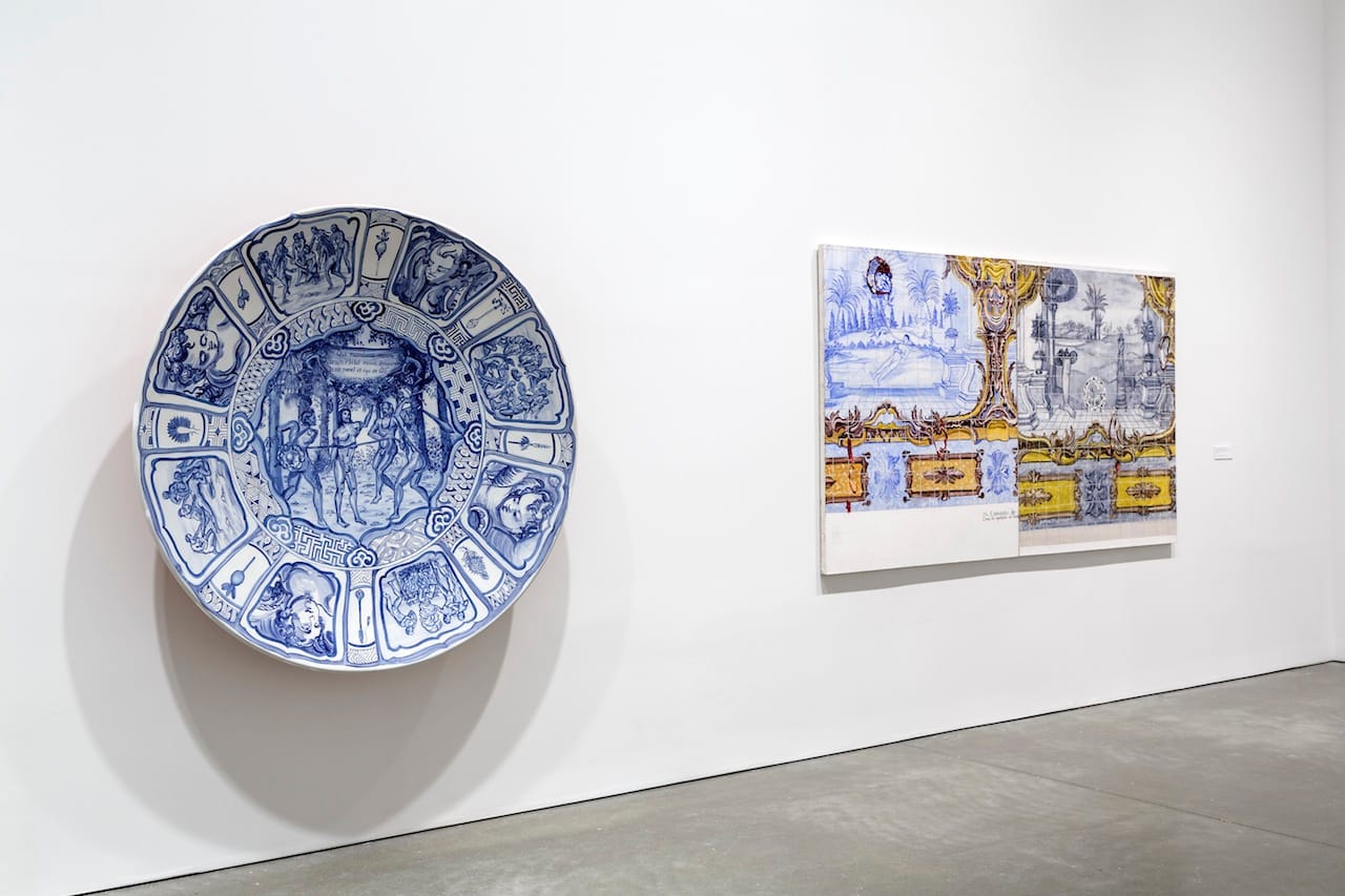 An installation view of Adriana Varejão's solo show at ICA Boston. The artist's work often features azulejo —&nbsp;blue painted Portuguese tiles. The colonizers brought the craft to Brazil. 